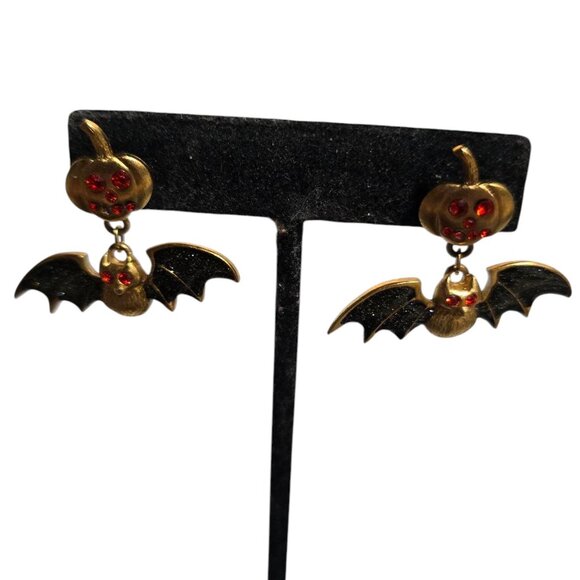 Bat & Pumpkin Halloween Dangle Earrings Pierced Enamel & Rhinestone - Picture 2 of 5